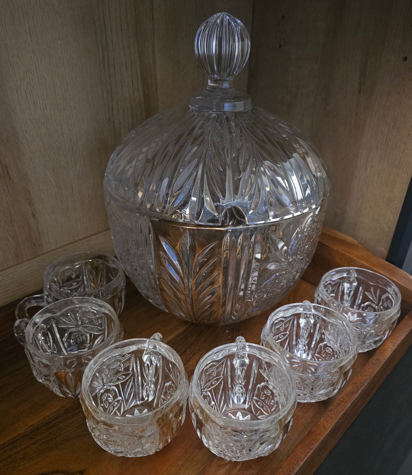 Vintage 8-Pc Anna Hutte Germany "Rosaline" 24% Lead Crystal Punch Bowl & 6 Cups