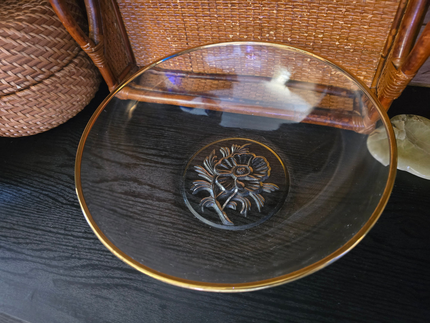 Vintage, Etched Glass, Gold Rim, Serving Bowl