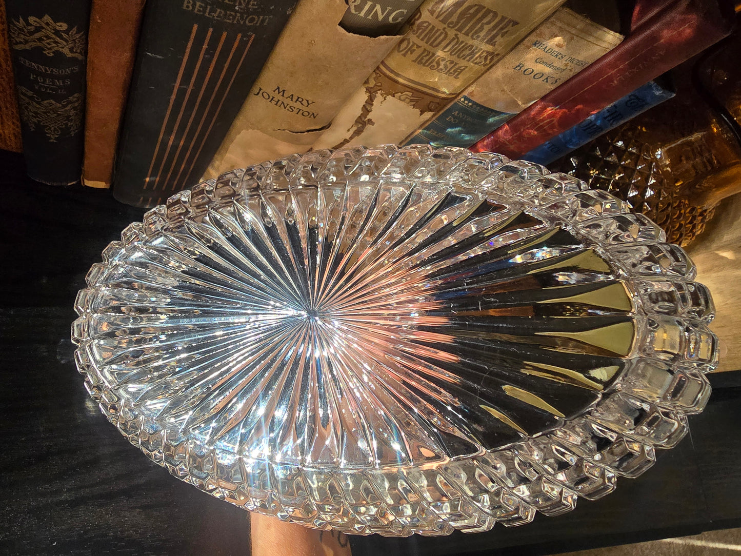 Antique 1900's Duncan Glass Clear Waffle Block Large Handle Basket 9" long