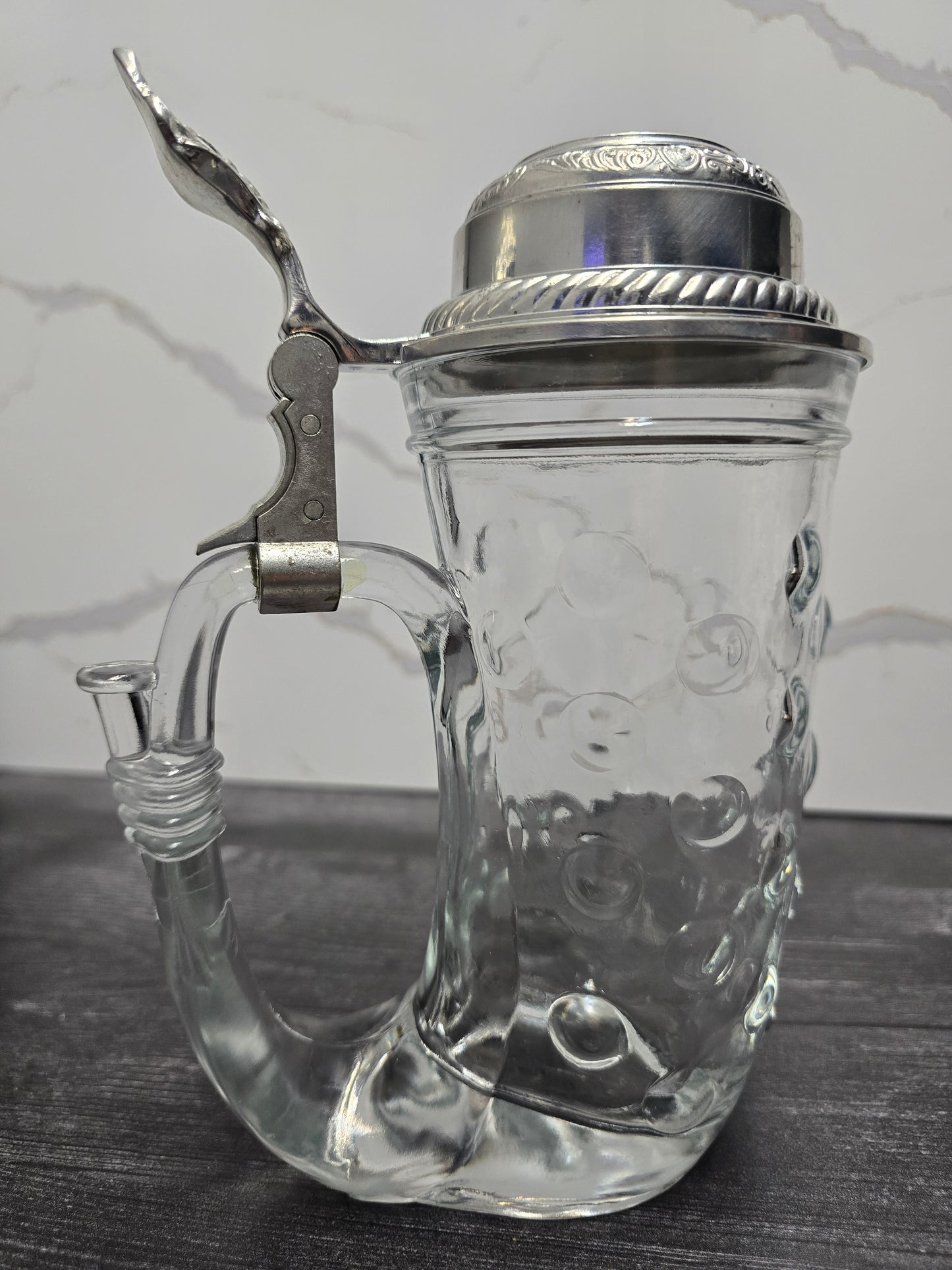 Vintage Hobnail Glass Viking Horn Beer Stein with Pewter Lid BMF Made in West Germany