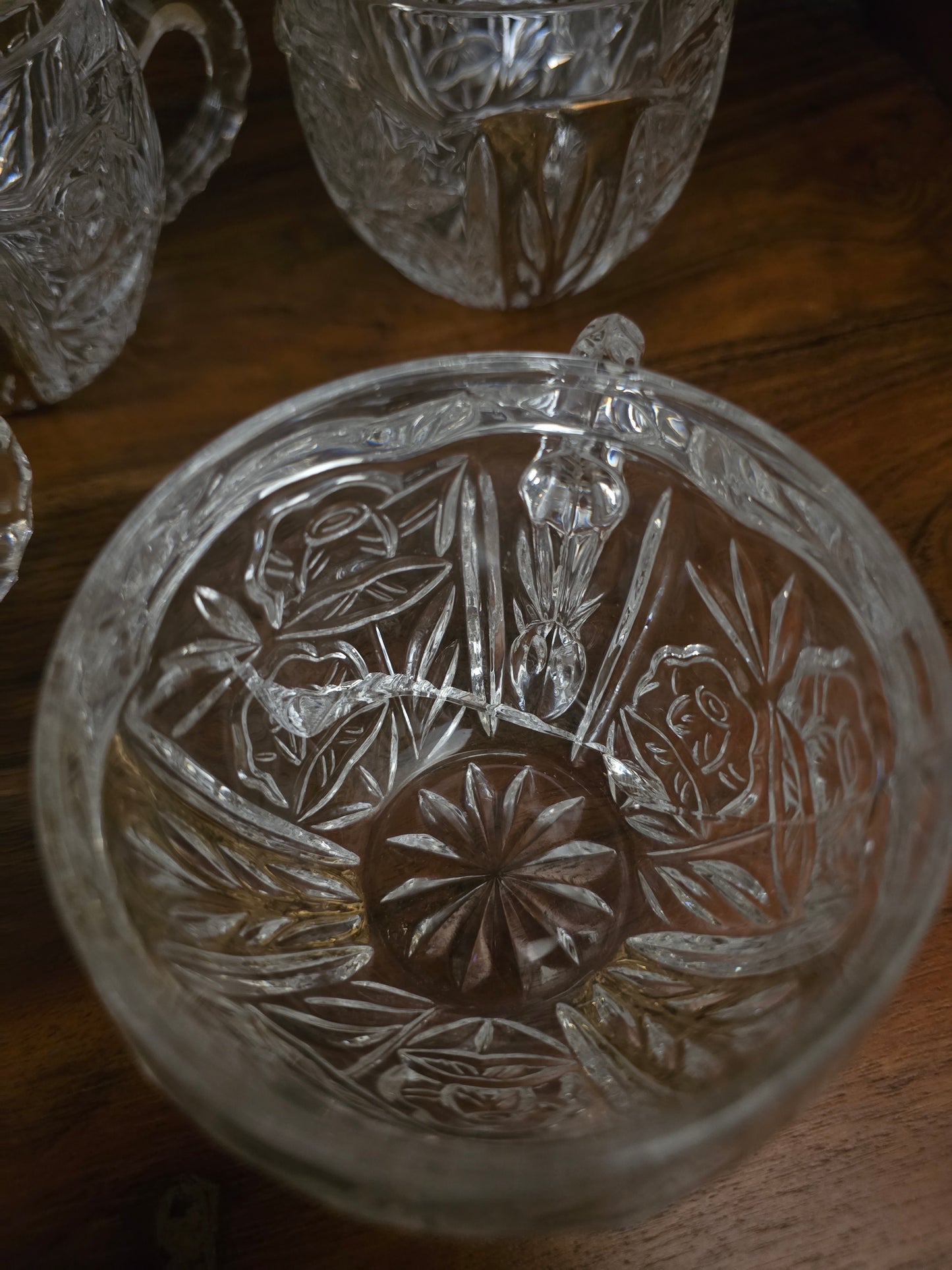 Vintage 8-Pc Anna Hutte Germany "Rosaline" 24% Lead Crystal Punch Bowl & 6 Cups