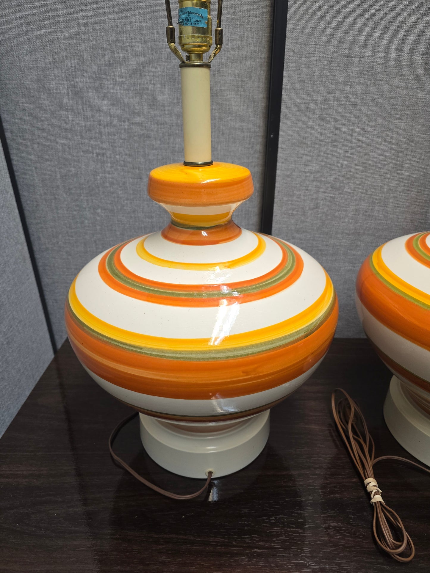 Mid-Century Ceramic Lamps with Orange, Yellow, and Pale Green Stripes, c. 1960s (Set of Two)