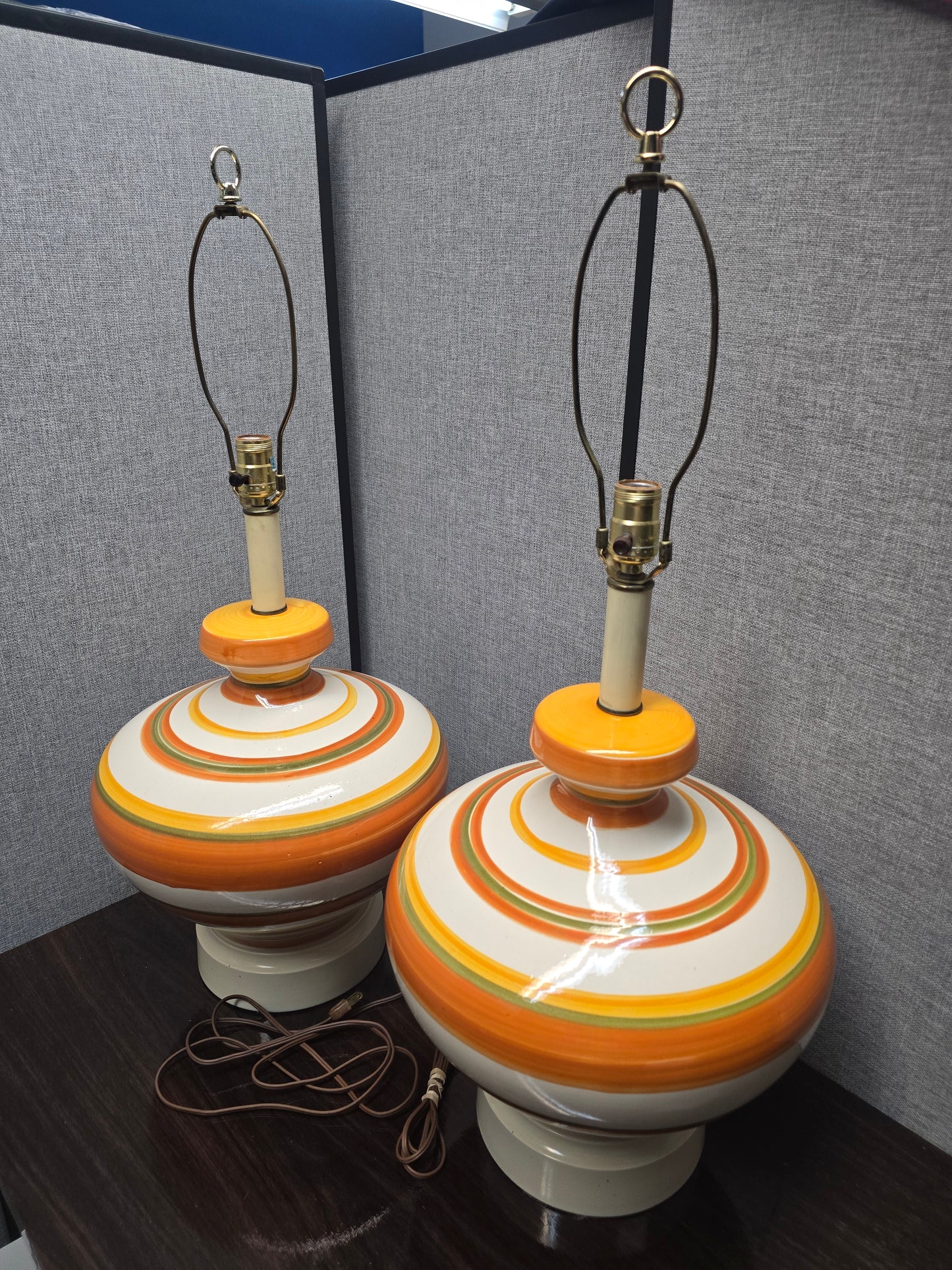 Mid-Century Ceramic Lamps with Orange, Yellow, and Pale Green Stripes, c. 1960s (Set of Two)
