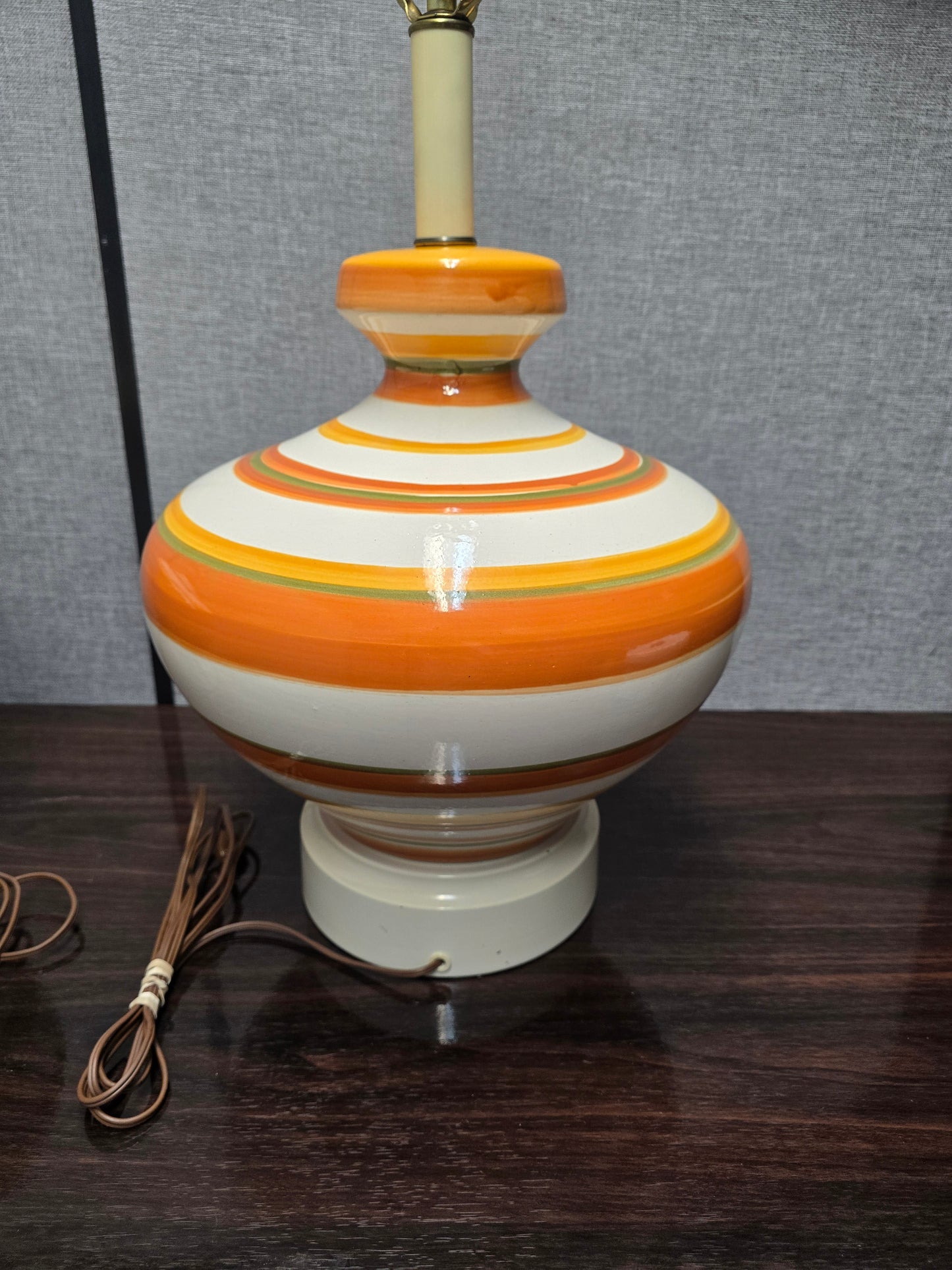 Mid-Century Ceramic Lamps with Orange, Yellow, and Pale Green Stripes, c. 1960s (Set of Two)