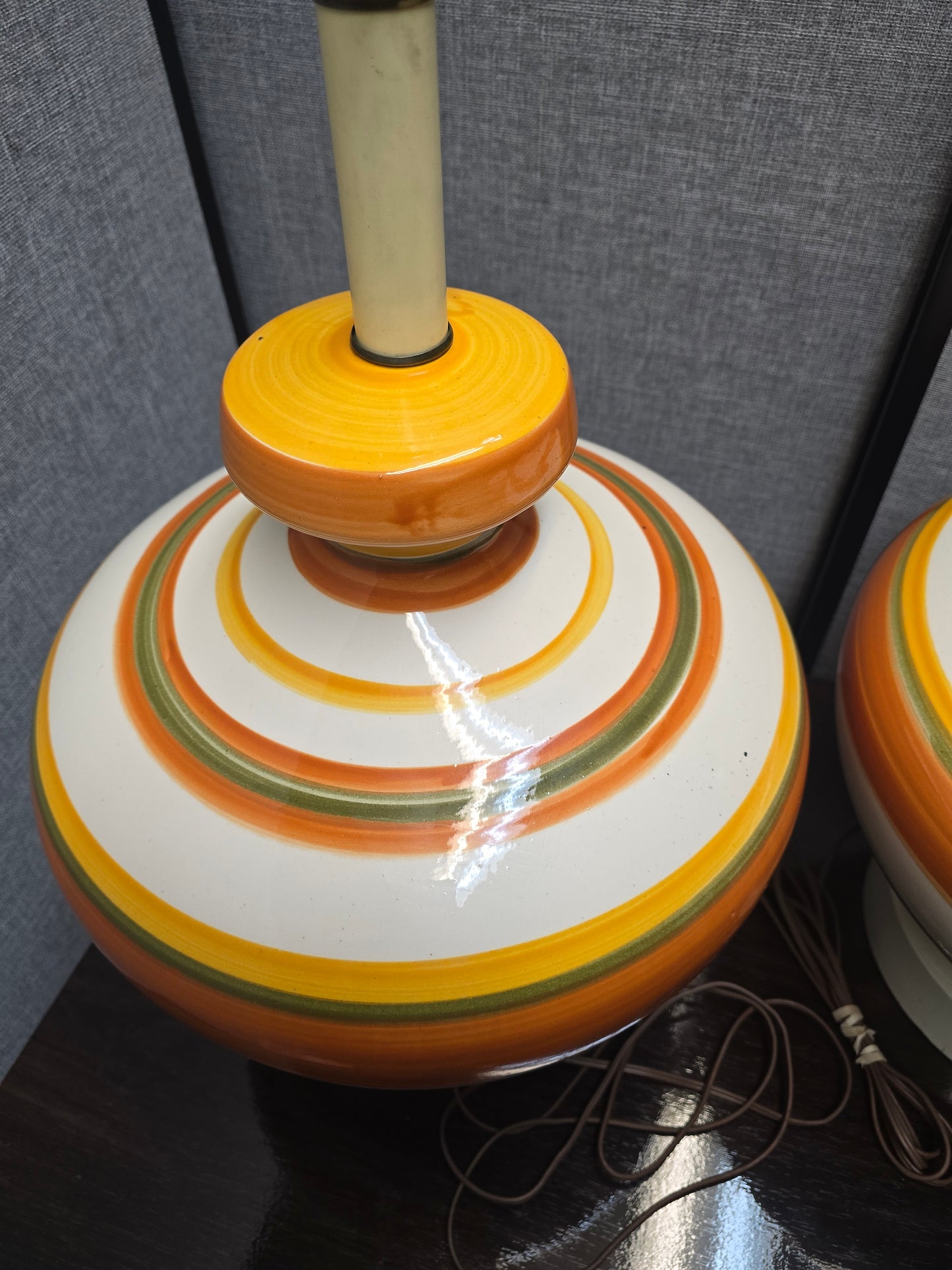 Mid-Century Ceramic Lamps with Orange, Yellow, and Pale Green Stripes, c. 1960s (Set of Two)