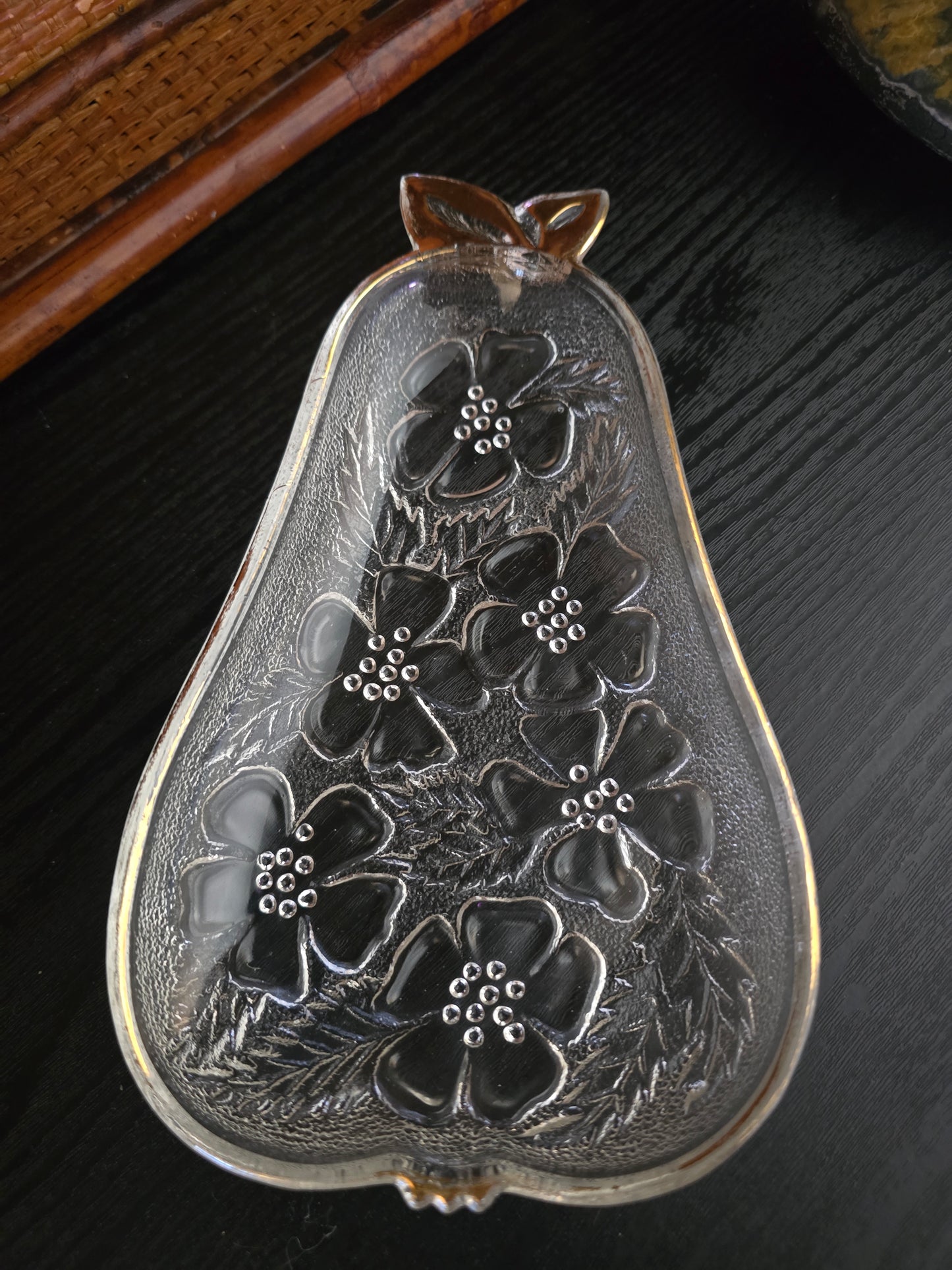 Vintage Hazel Atlas Pear-Shaped Pressed Glass Dish with Floral Design and Gold Trim - 1960s