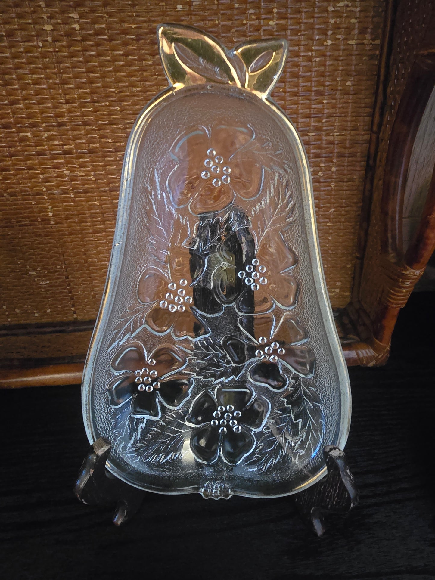 Vintage Hazel Atlas Pear-Shaped Pressed Glass Dish with Floral Design and Gold Trim - 1960s