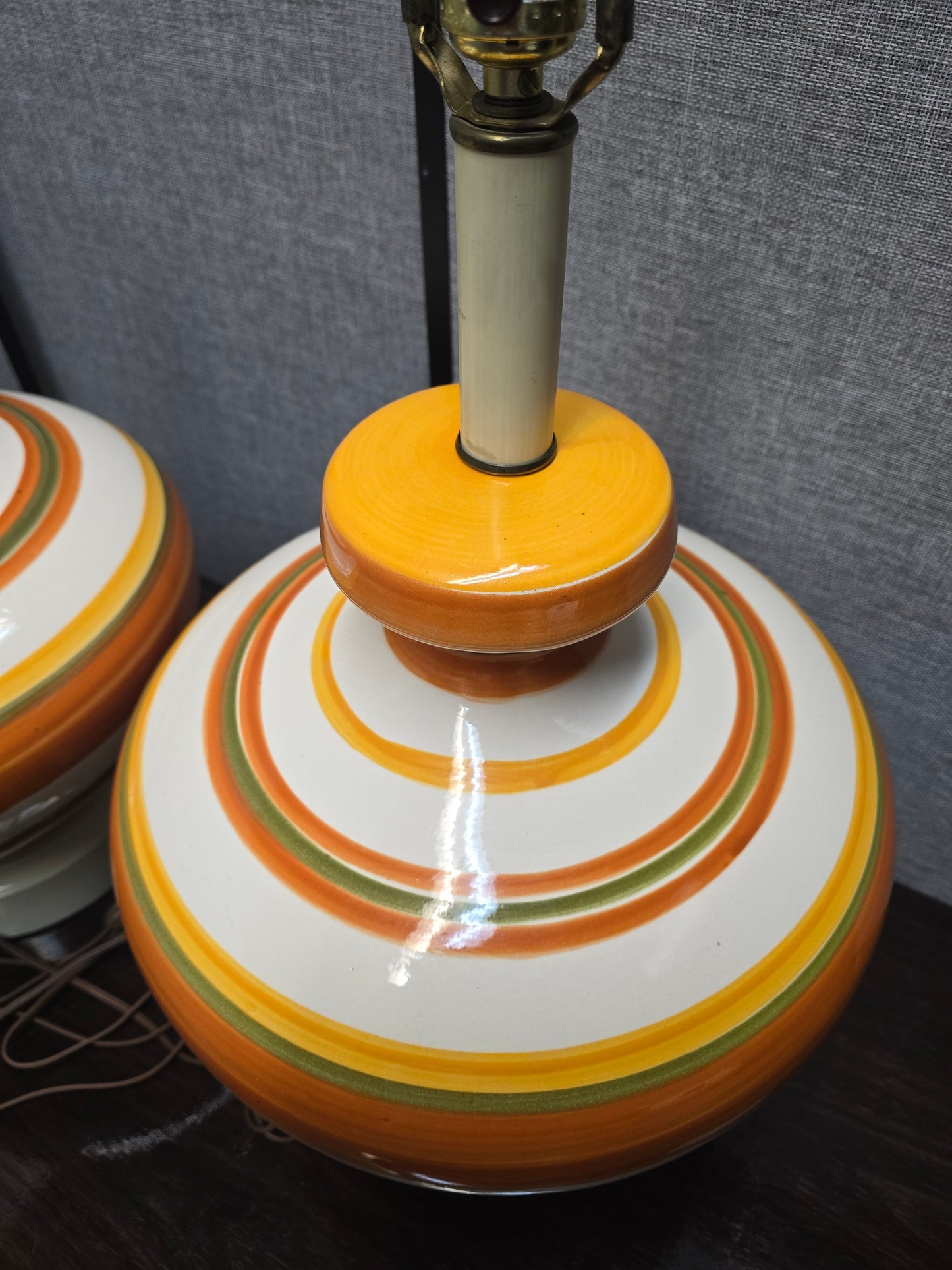 Mid-Century Ceramic Lamps with Orange, Yellow, and Pale Green Stripes, c. 1960s (Set of Two)