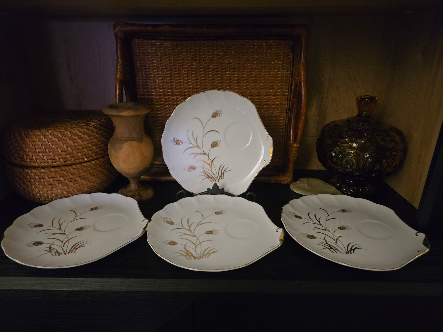 Vintage, Lefton China, Gold Wheat, 4 Piece Luncheon Snack Plate