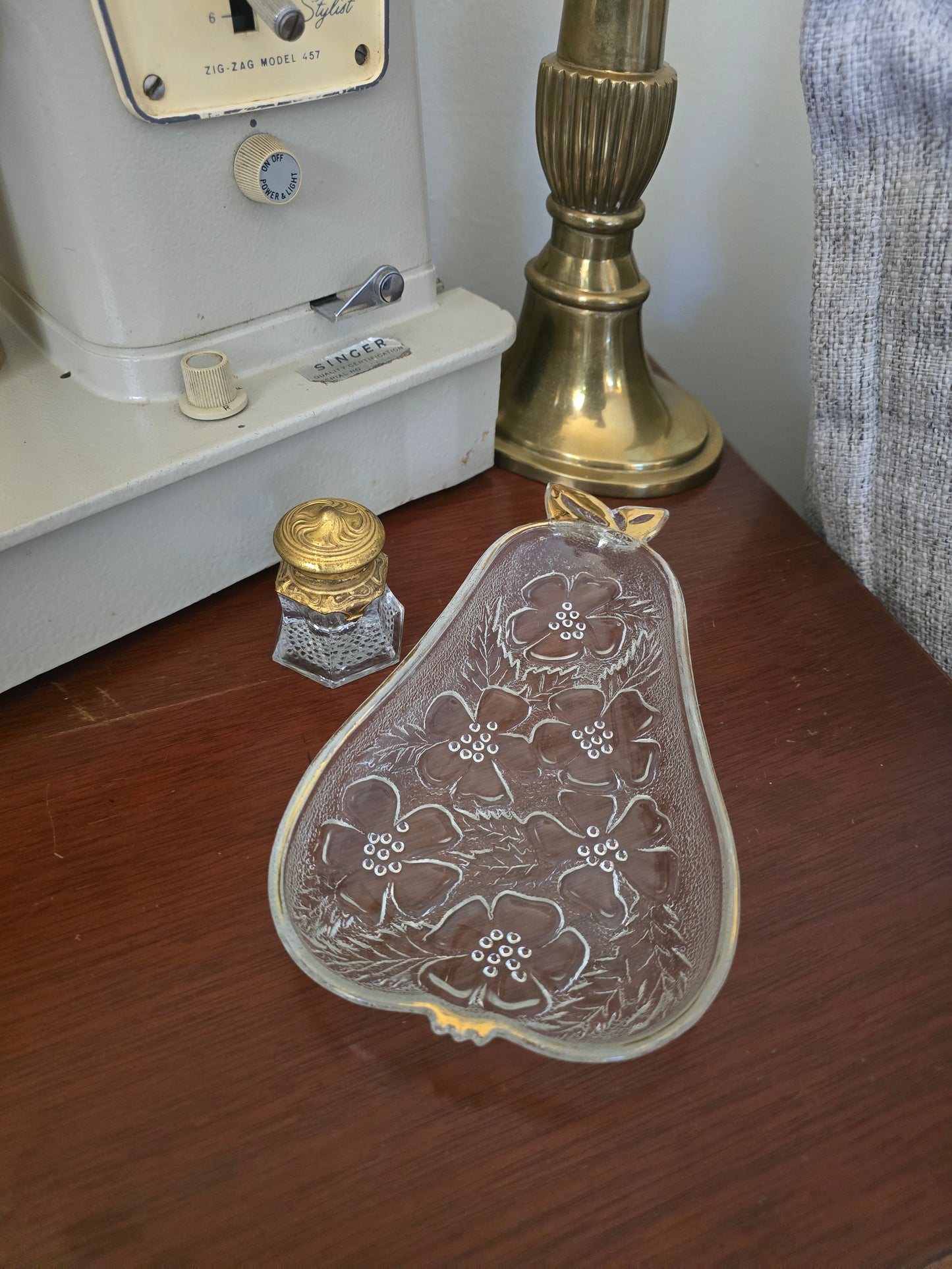 Vintage Hazel Atlas Pear-Shaped Pressed Glass Dish with Floral Design and Gold Trim - 1960s