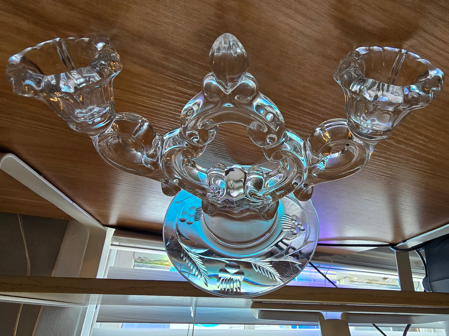 Double Glass Candelabra, with Etched Base