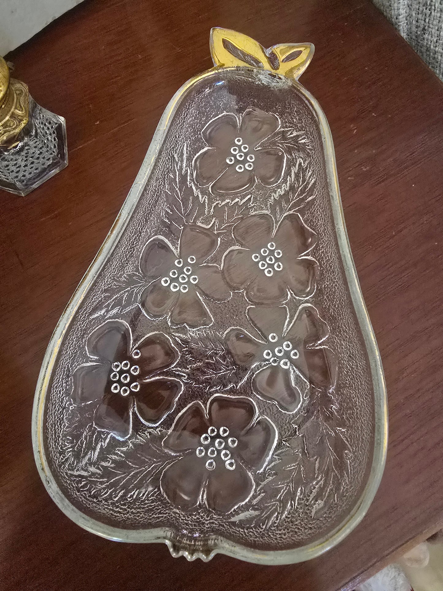 Vintage Hazel Atlas Pear-Shaped Pressed Glass Dish with Floral Design and Gold Trim - 1960s