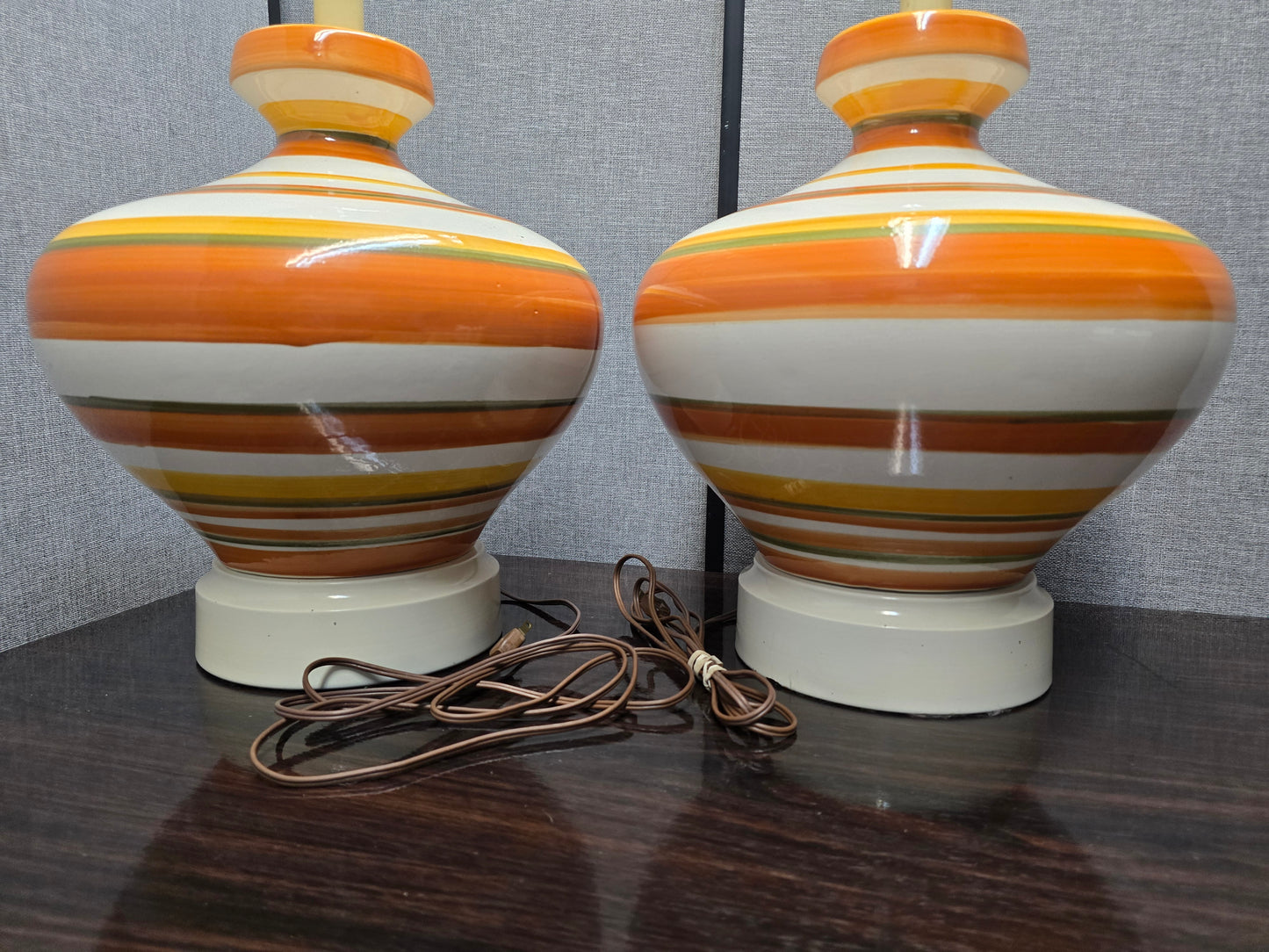 Mid-Century Ceramic Lamps with Orange, Yellow, and Pale Green Stripes, c. 1960s (Set of Two)