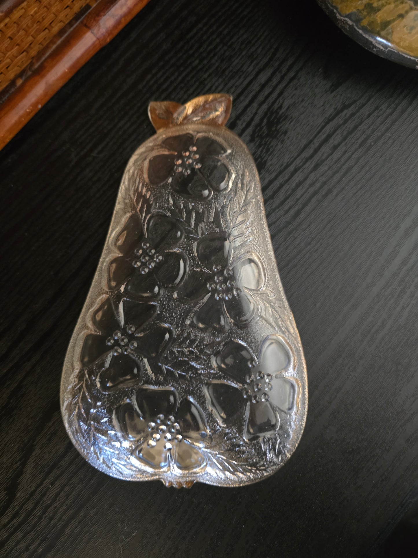 Vintage Hazel Atlas Pear-Shaped Pressed Glass Dish with Floral Design and Gold Trim - 1960s