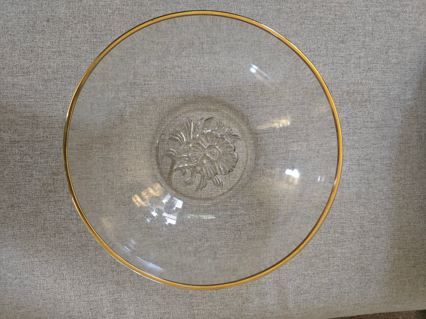 Vintage, Etched Glass, Gold Rim, Serving Bowl