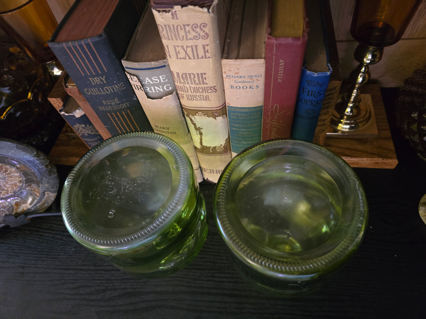 Green glass, etched leaves, Set of 2