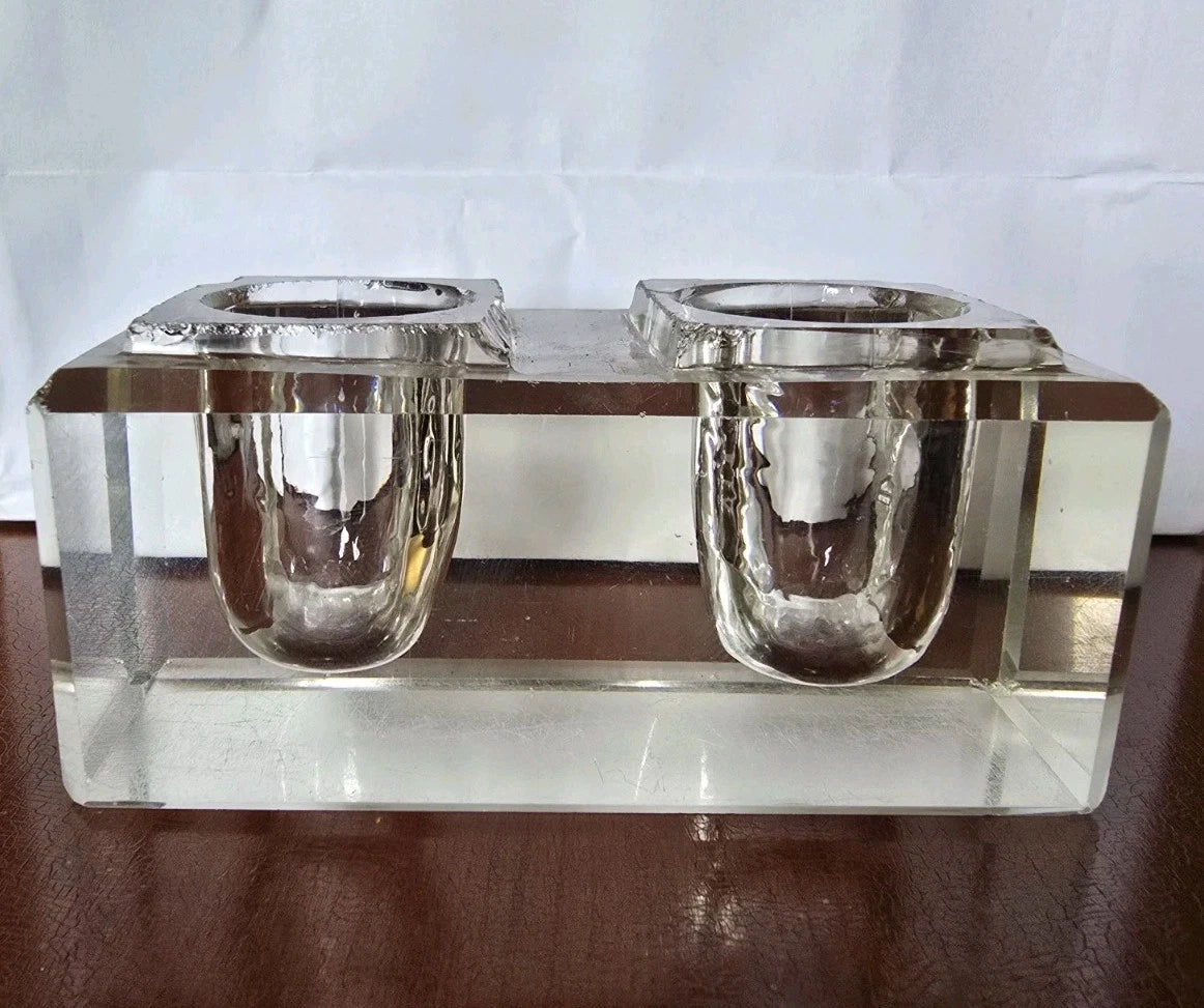 Antique Solid Clear Glass Double Hole Inkwell