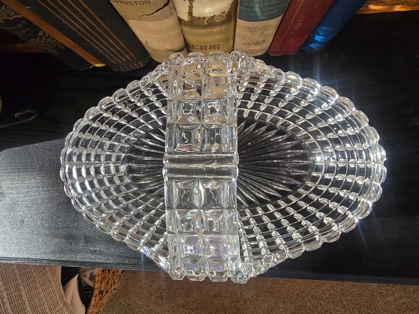 Antique 1900's Duncan Glass Clear Waffle Block Large Handle Basket 9" long