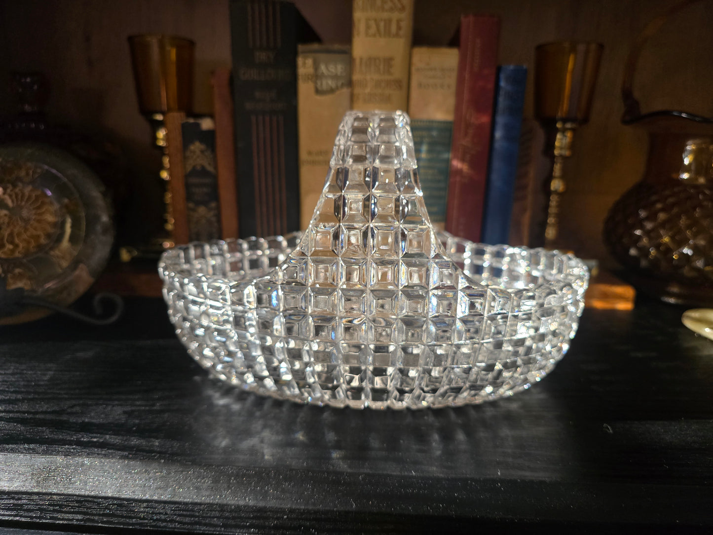 Antique 1900's Duncan Glass Clear Waffle Block Large Handle Basket 9" long