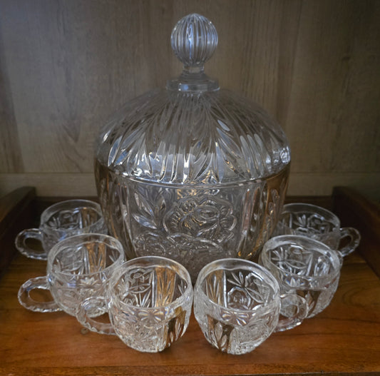 Vintage 8-Pc Anna Hutte Germany "Rosaline" 24% Lead Crystal Punch Bowl & 6 Cups