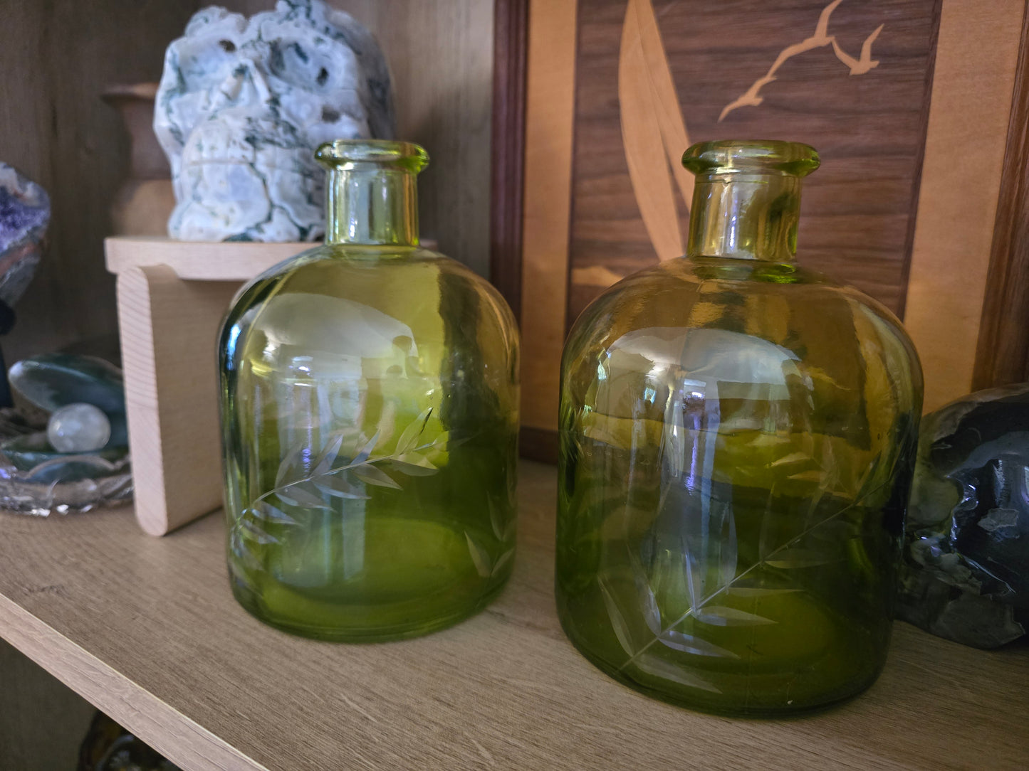 Green glass, etched leaves, Set of 2