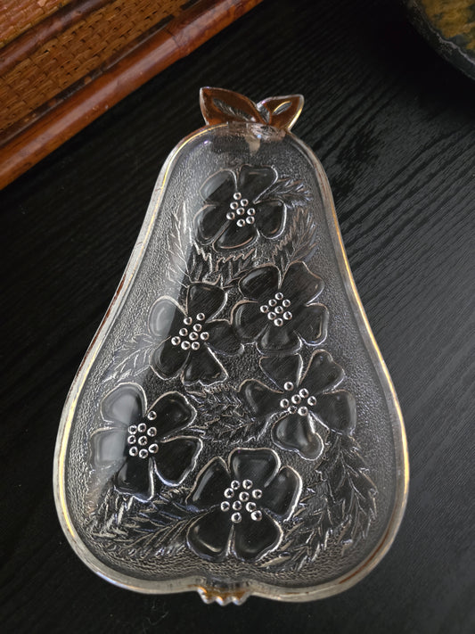 Vintage Hazel Atlas Pear-Shaped Pressed Glass Dish with Floral Design and Gold Trim - 1960s