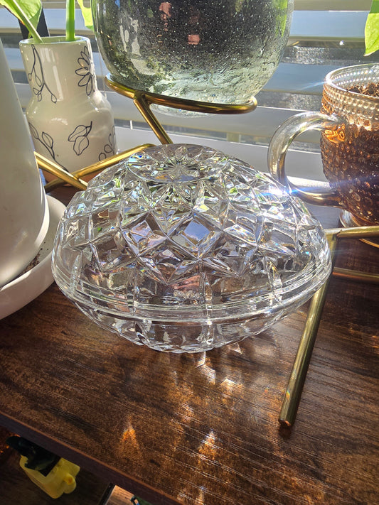 Vintage Glass Egg Trinket Jewelry Dish Diamond Pattern Sun Star