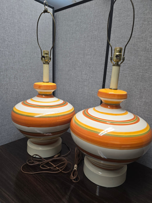 Mid-Century Ceramic Lamps with Orange, Yellow, and Pale Green Stripes, c. 1960s  (Set of Two)
