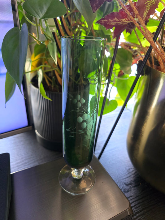 Vintage 60’s-70’s Green Rose Etched Vase With Twisted Pedestal