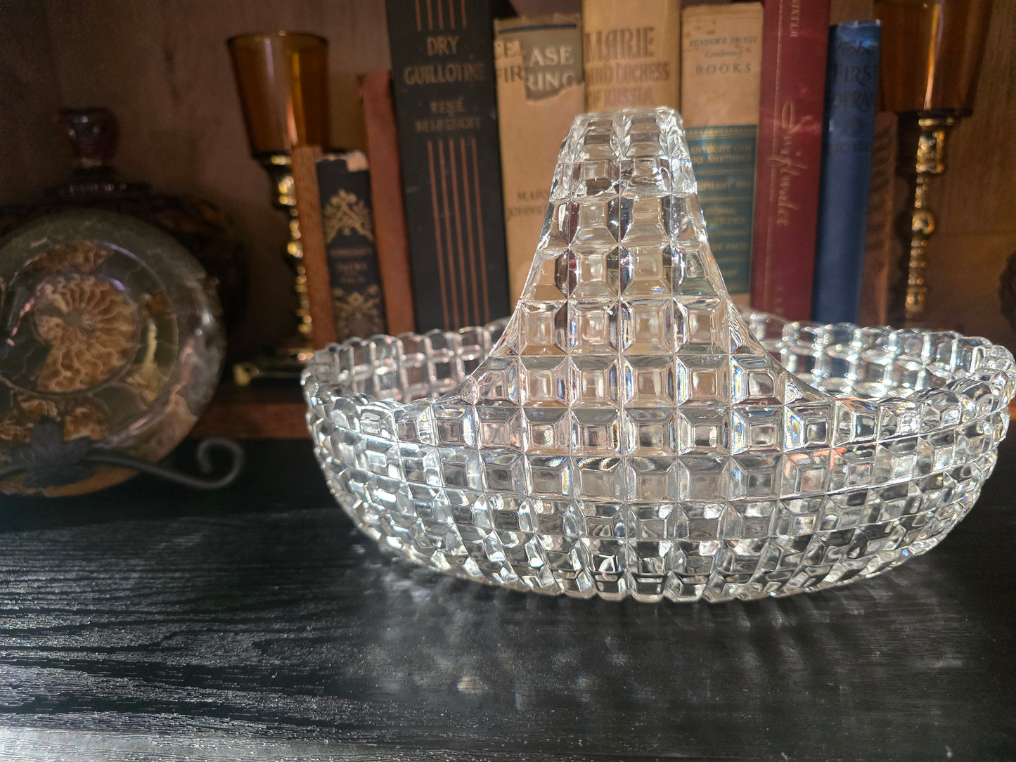 Antique 1900's Duncan Glass Clear Waffle Block Large Handle Basket 9" long