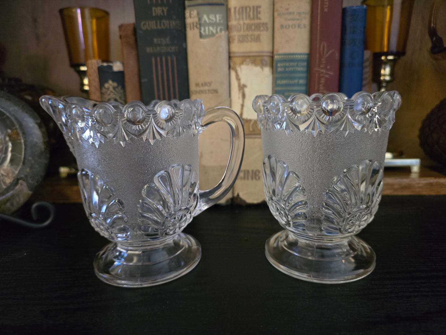 EAPG Antique Westmoreland SHELL & JEWEL Pattern Glass c1890s Pitcher & Spooner