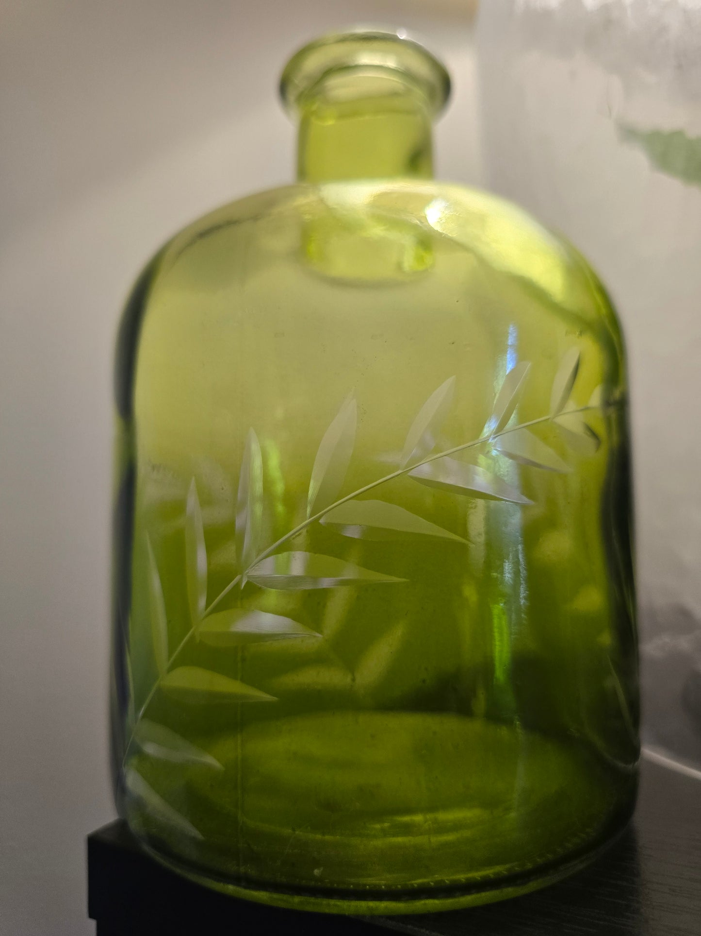Green glass, etched leaves, Set of 2