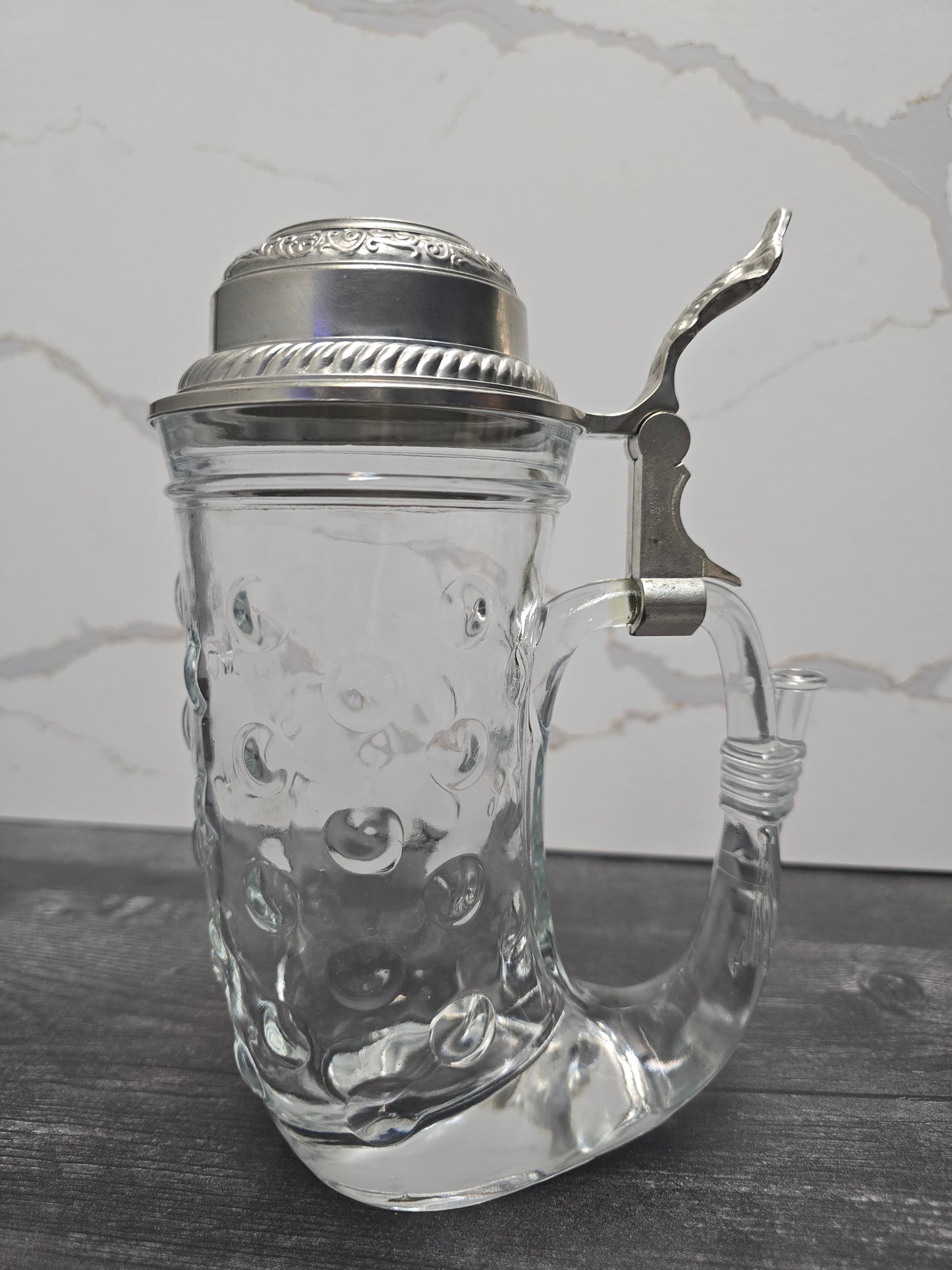 Vintage Hobnail Glass Viking Horn Beer Stein with Pewter Lid BMF Made in West Germany