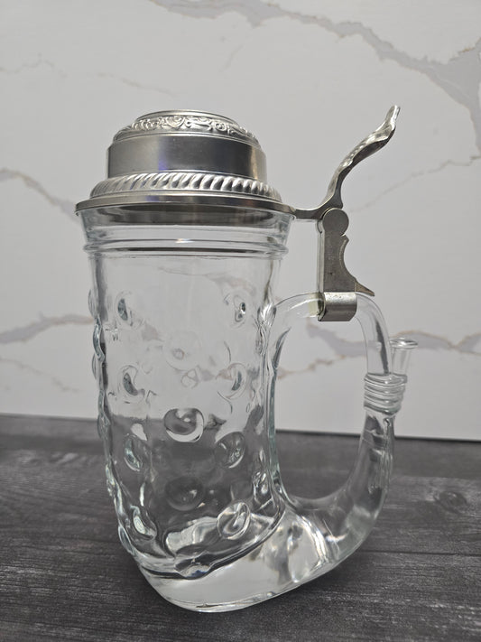 Vintage Hobnail Glass Viking Horn Beer Stein with Pewter Lid BMF Made in West Germany
