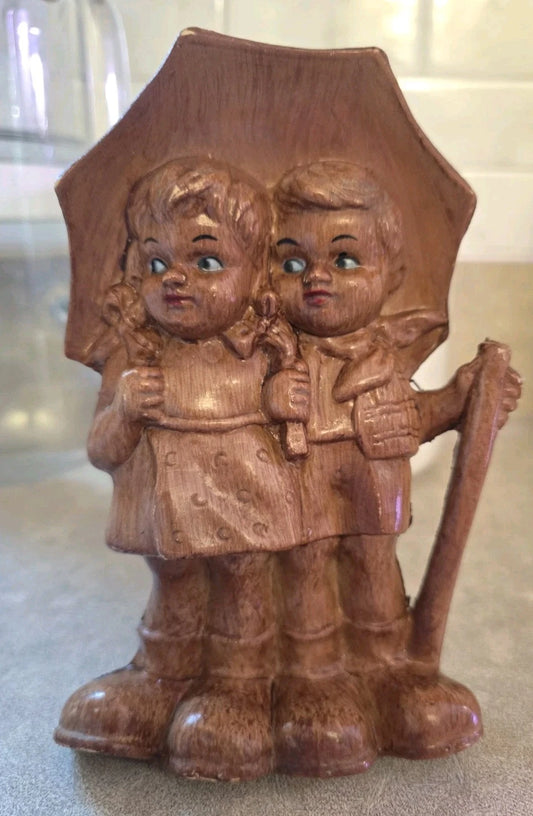 Vintage Goebel Hummel Style 6.5" Boy and Girl Stormy Weather, Faux Wood Figurine