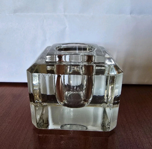 Vintage Clear Glass Inkwell Heavy Cube Shape Beveled Edging Solid