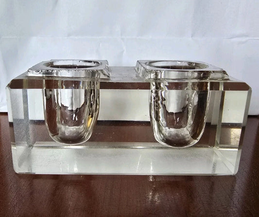 Antique Solid Clear Glass Double Hole Inkwell